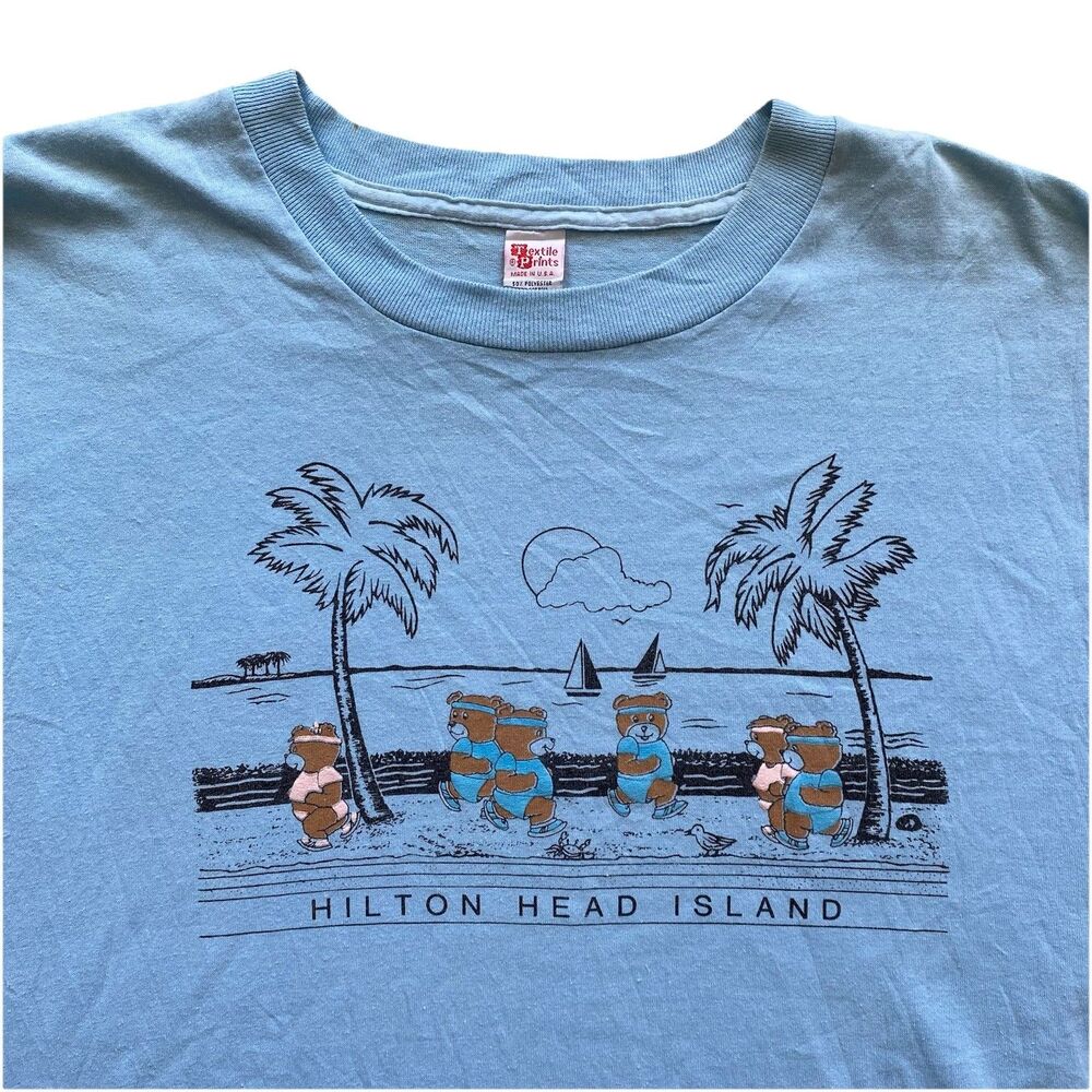 Vintage Jogging Teddy Bear T Shirt Hilton Head Island 80s XL Blue Cute Animal